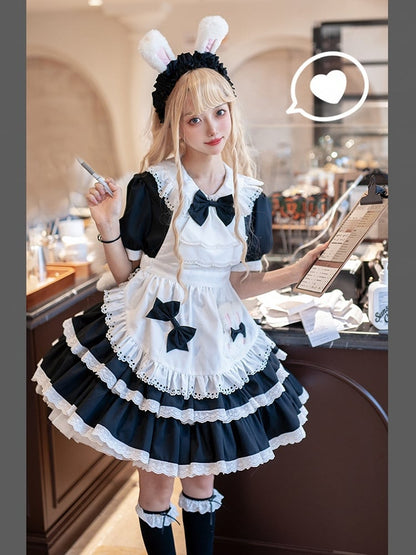 Rüschen Bunny Lolita und Kleid Weiß Schwarz Maid Thema Tiered