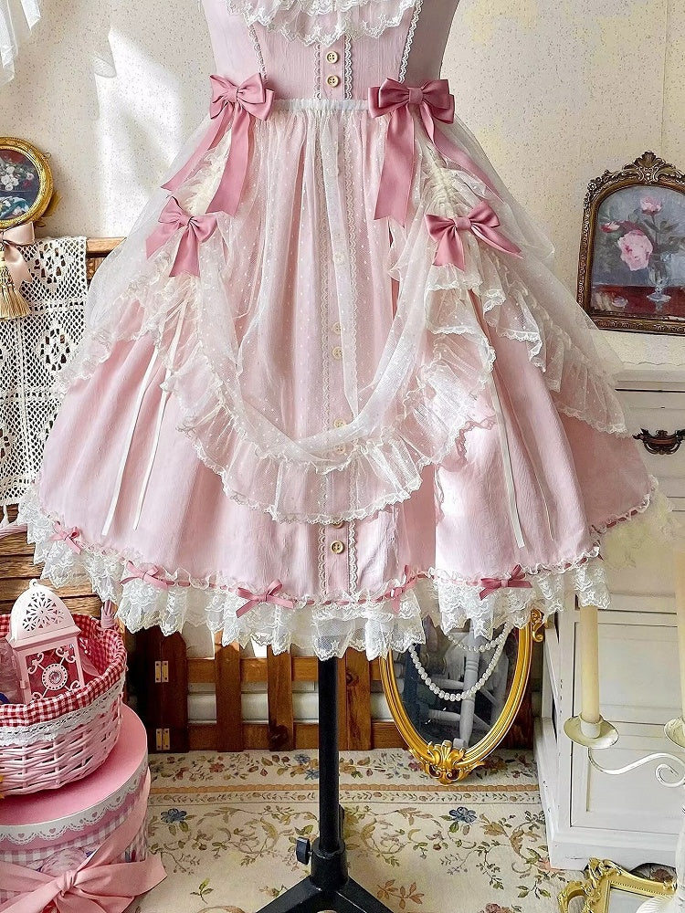 White Version Short Lolita Bow Tulle Accents with Overlay Pink