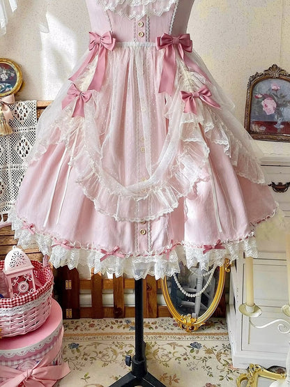 White Version Short Lolita Bow Tulle Accents with Overlay Pink
