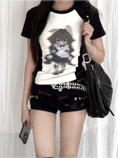 ホワイトカラーブロックデザインブラックアニメガールプリントTシャツと