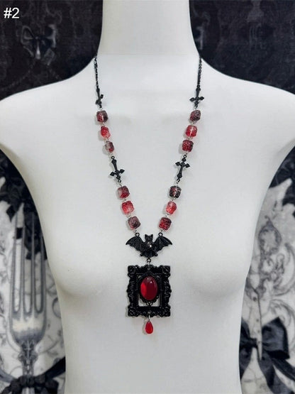Red Rhinestone Gothic Necklace with Bat and Cross Pendant - Boobi Shop