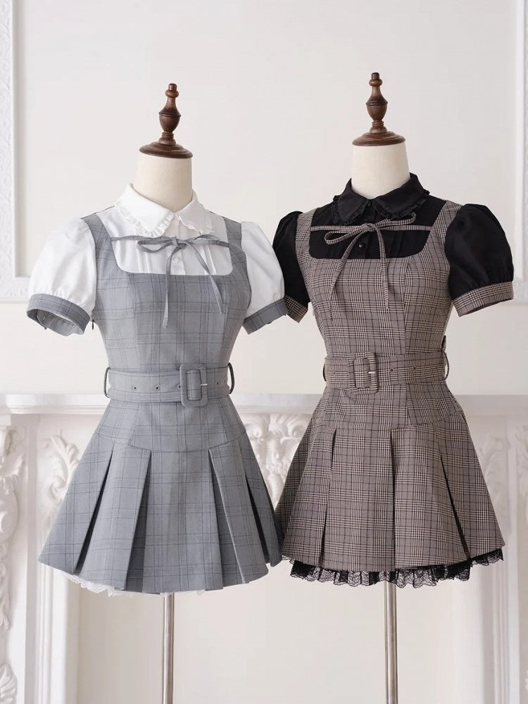 Black Jirai Kei Fake Two-Piece Plaid Short Sleeve Dress with Lace Detail and Belt - No Genki