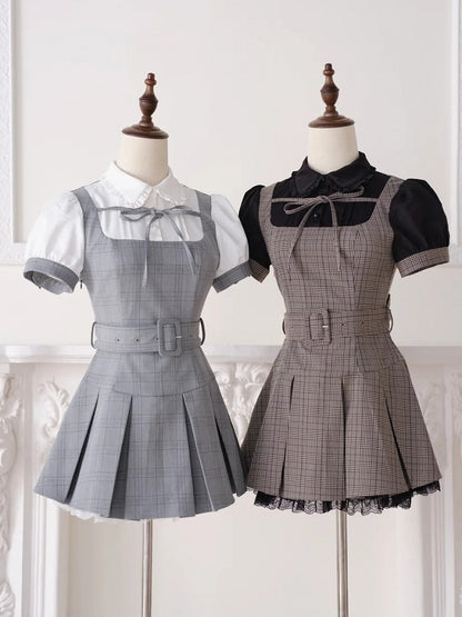 Black Jirai Kei Fake Two-Piece Plaid Short Sleeve Dress with Lace Detail and Belt - No Genki