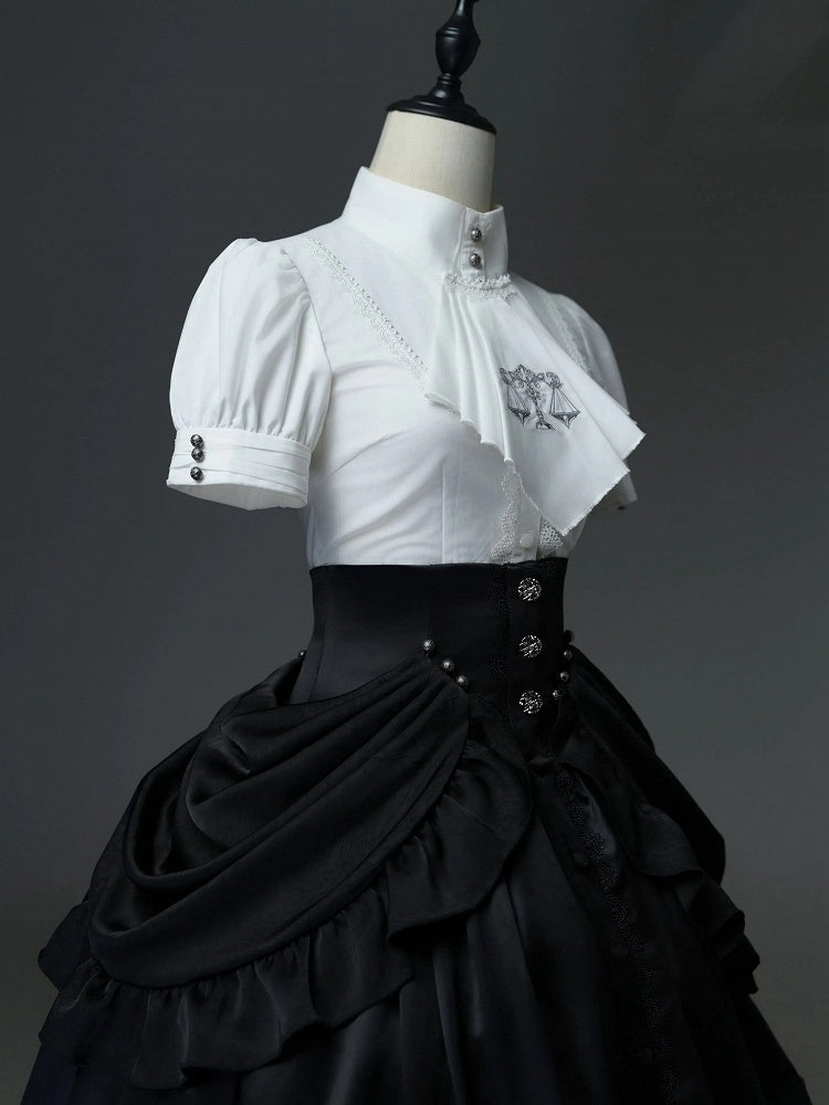 Shirt Sleeves High Pin Neck Jabot and Bow White with Detachable Short