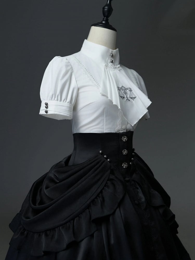 High-Neck Shirt with Detachable Jabot and Bow Pin