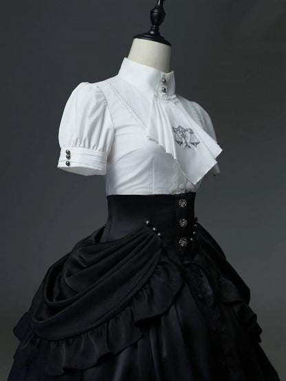 High-Neck Shirt with Detachable Jabot and Bow Pin