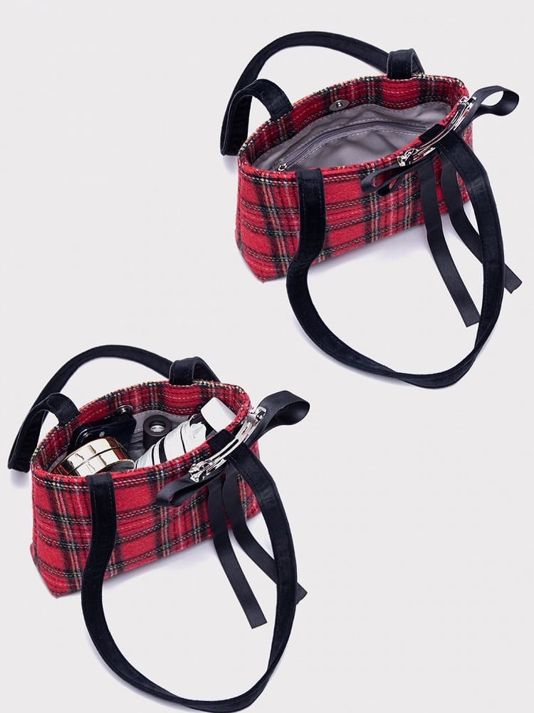 Chic Red Plaid One-Shoulder Mini Tote With Detachable Black Bow