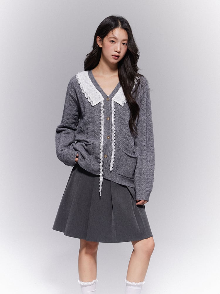 Mini Preppy Pleated Loops Gray Skirt A-Line Low-Waisted Belt with