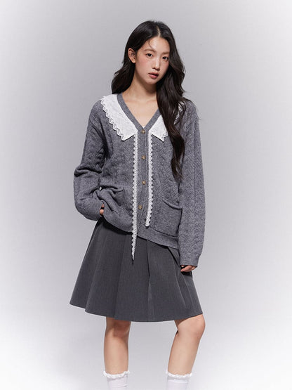 Mini Preppy Pleated Loops Gray Skirt A-Line Low-Waisted Belt with