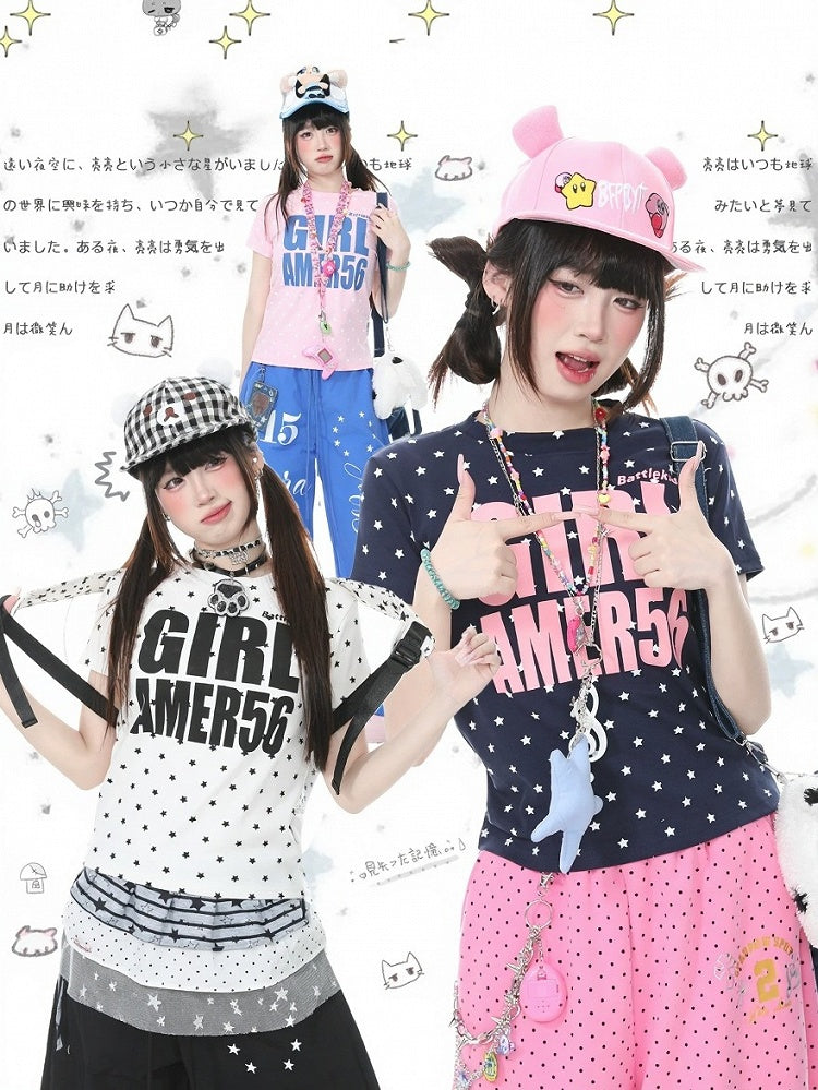 Star Letter Print Navy Pink Tee - Languid Park