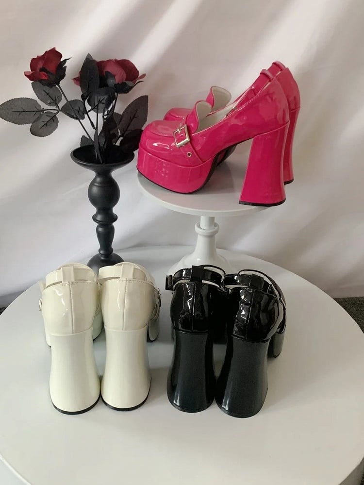Rose Pink Punk High Block Heels in PU with Buckle Details & Detachable Ankle Strap