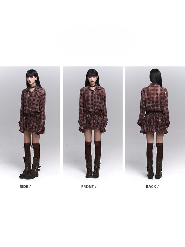 Plaid PU Coffee Gothic Belt Dress with Brown Shirt Lined Red