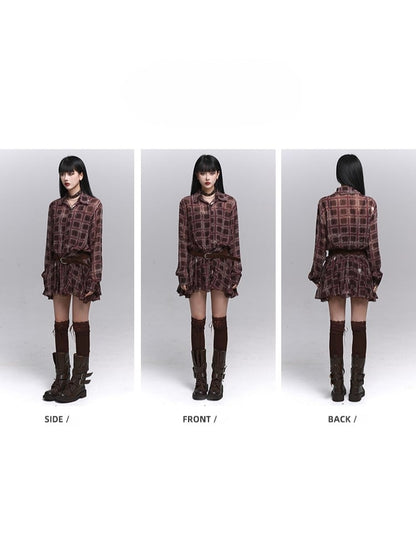 Plaid PU Coffee Gothic Belt Dress with Brown Shirt Lined Red