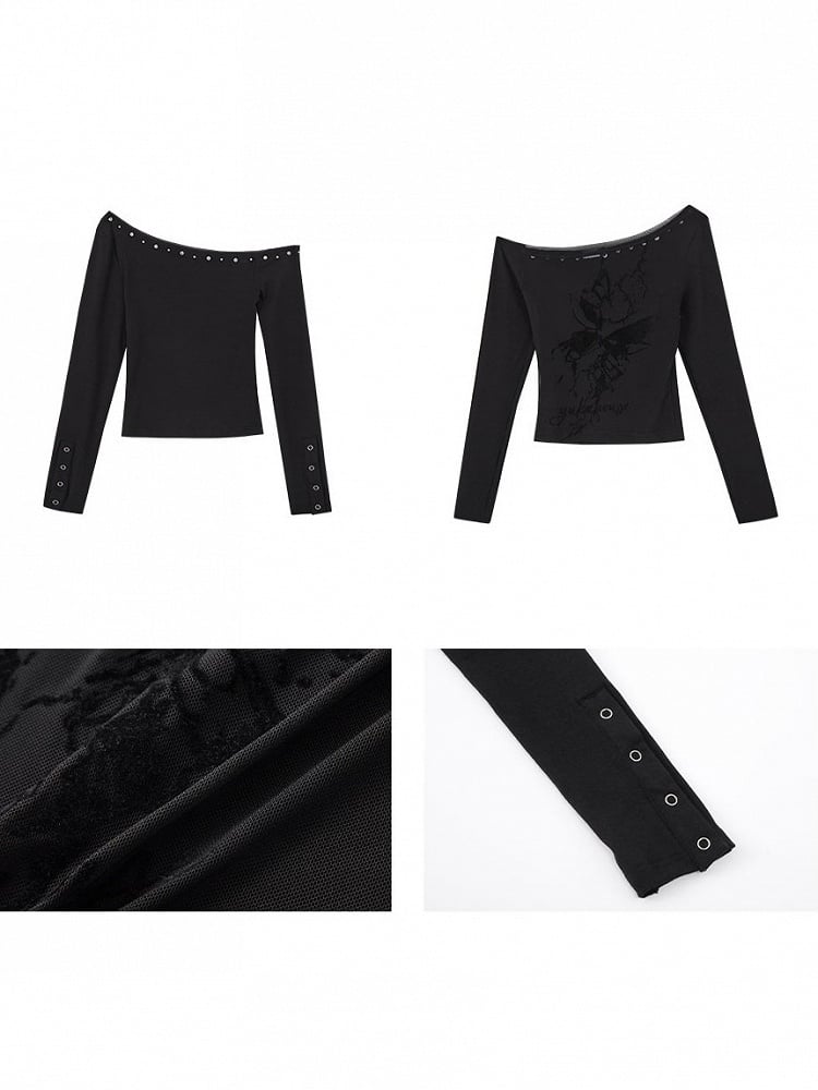 Haut floral asymétrique transparent à clous noirs, épaules dénudées style punk