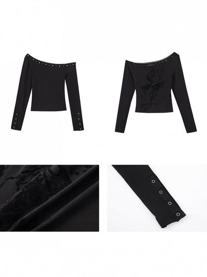 Haut floral asymétrique transparent à clous noirs, épaules dénudées style punk