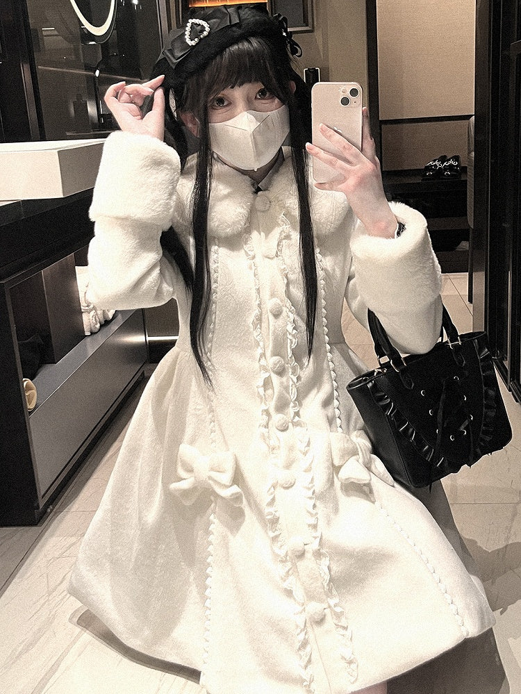 ジライケイ ホワイト/ブラック 取り外し可能なケープ 蝶結びディテール 地雷スタイルコート