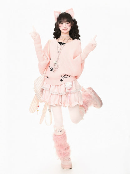 Pink Two-Piece Look Batwing Sleeve Sweater with Kitten Themed Embroidery - Languid Park