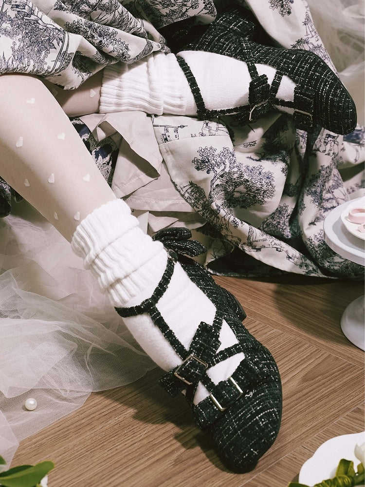 Design Lolita Black Accents Square with Bow Elegant Toe T-strap Shoes