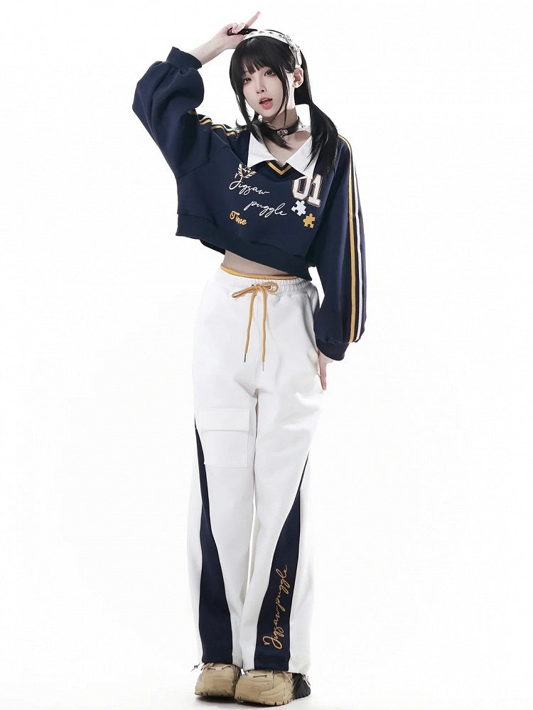 Collared Sweatshirt Preppy Cropped with Print Number Blue Dark Shield Patch