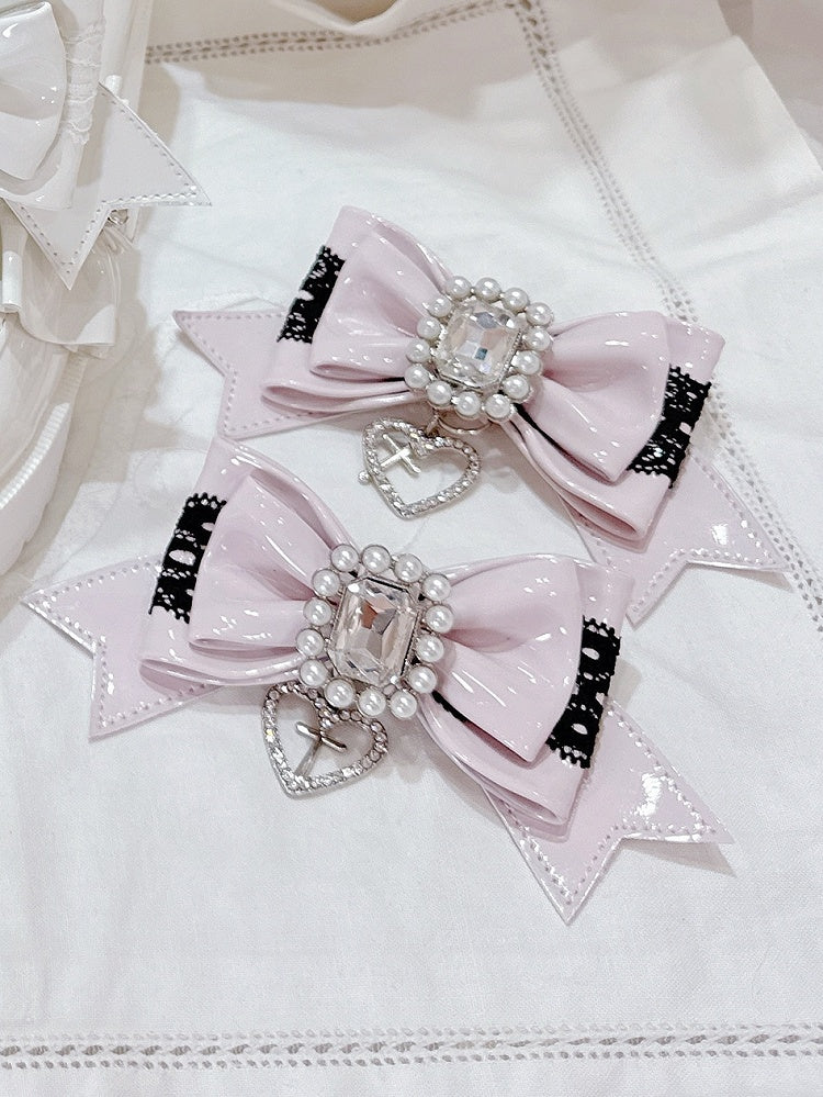 Pink Bowknot Decor Kei Shoe Jirai Black Pink/White Clips Beaded -