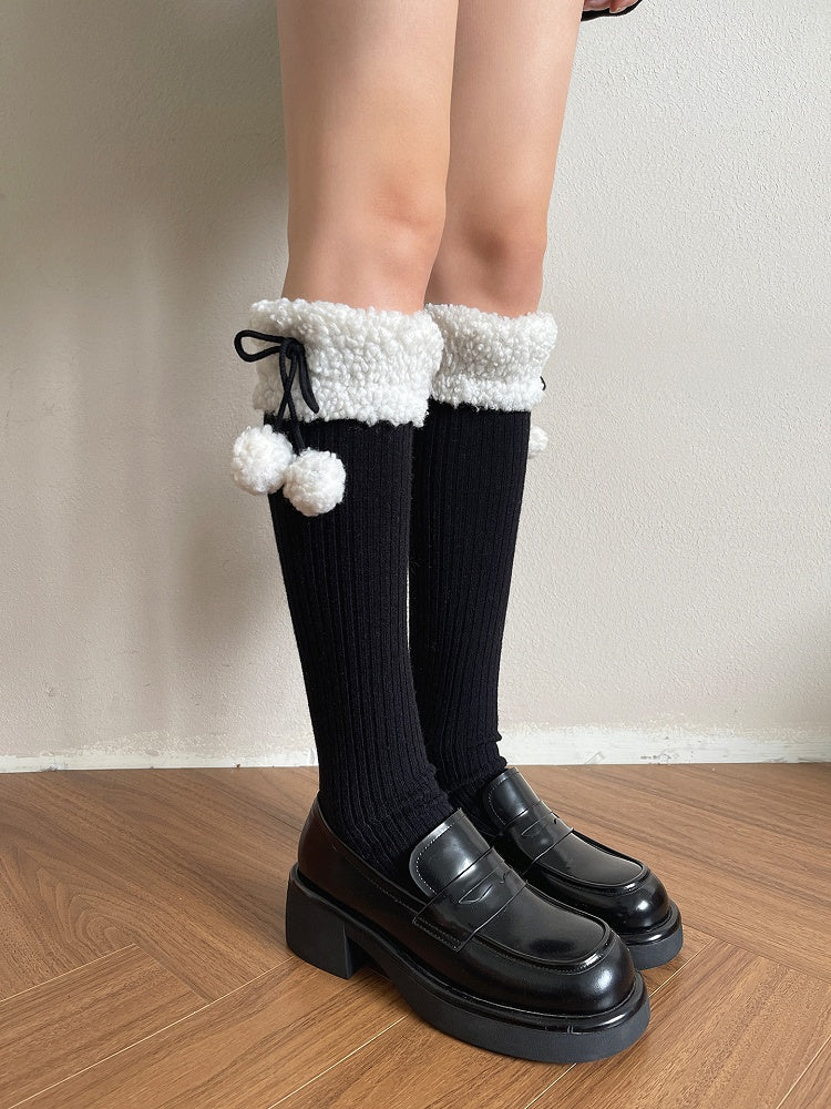 with Slouchy Pom-Pom Ribbed Stockings Sherpa 5-Color Cuff Accents
