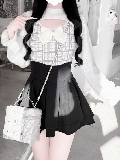 Open-Bust Sweater Plush Decorative Gray in Landmine Bow Mink with Style Plaid