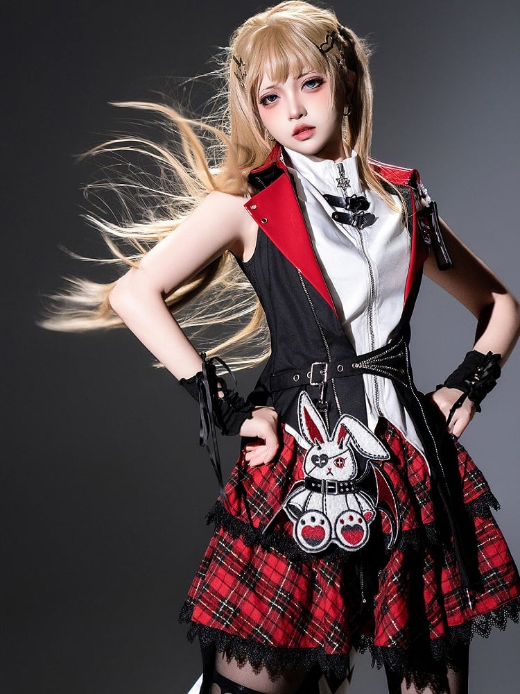 Punk Bunny Ear Hooded Coat with Diamond Tailcoat and Plaid Skirt in Black and Red - Xiong Dou Jiang