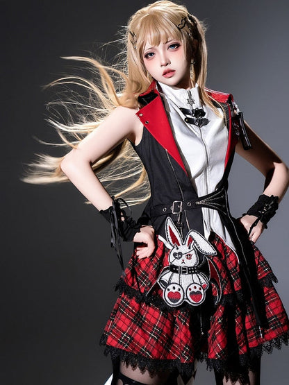 Punk Bunny Ear Hooded Coat with Diamond Tailcoat and Plaid Skirt in Black and Red - Xiong Dou Jiang