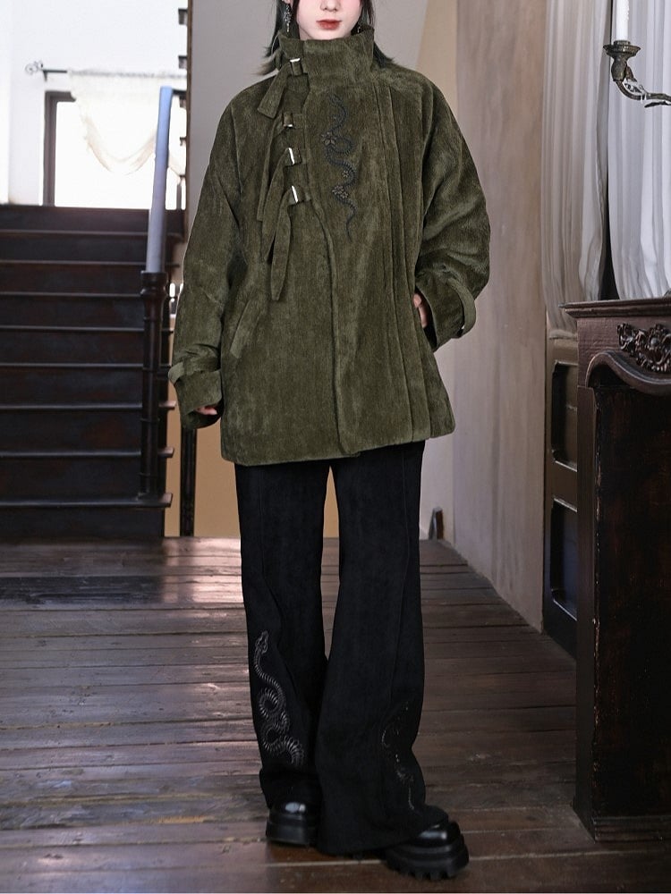 Black with Gothic Chenille Flared Pants Embroidery Snake Cheongsam