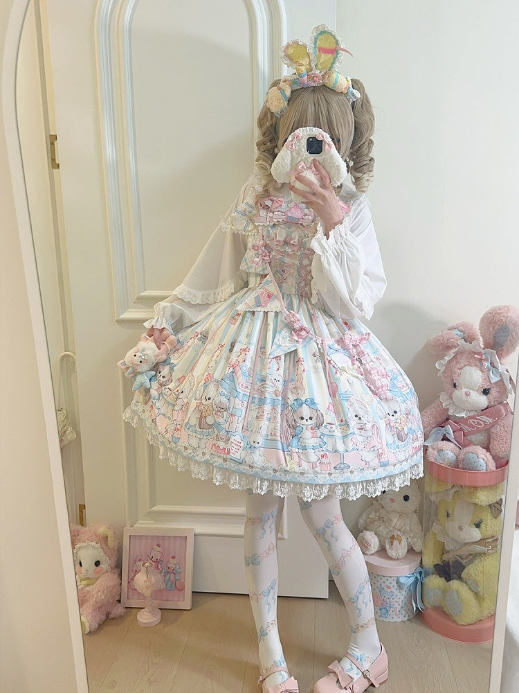 Dress with Print Ribbon Flags Sweet Light Afternoon Tea Yellow Lolita Puppy's