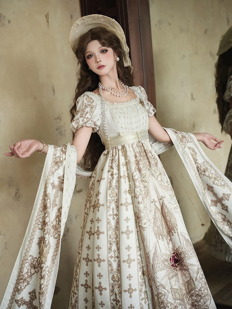 Gold Cross Pattern Gothic Lolita Empire Dress Set - Unknown Star