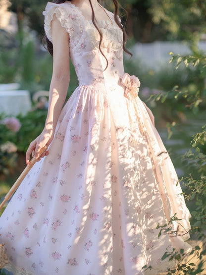 Graceful Pink Floral Lace JSK Dress with Brooch Set