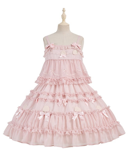 Süßes Lolita-Kleid mit rosa Schleifenakzenten und Rüschenbesatz