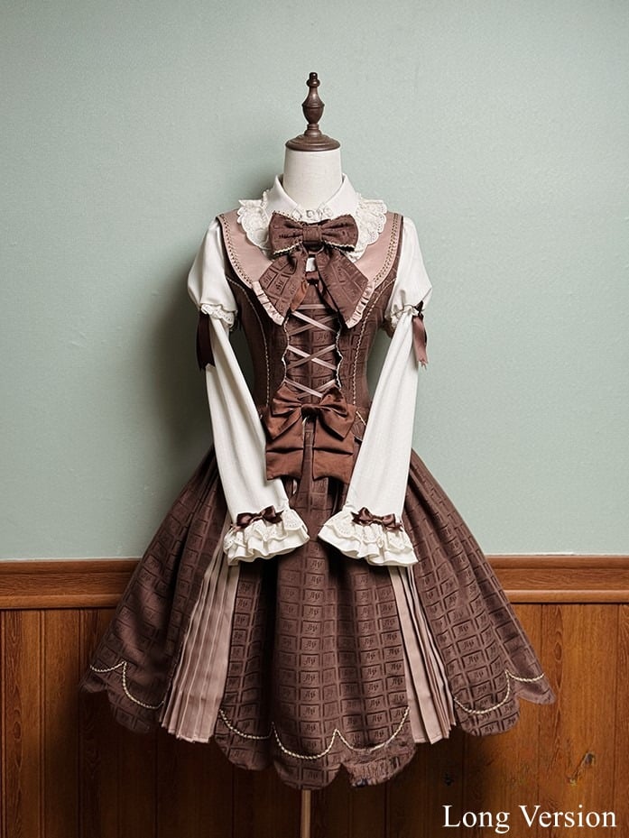 Scoop Scalloped with Dress Chocolate Lolita Edge Sweet Hem Neckline Brown