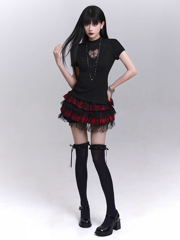 Print T-shirt Black Mock Neck Heart-shaped Cutout Cross