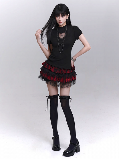 Print T-shirt Black Mock Neck Heart-shaped Cutout Cross