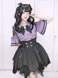 Black and Purple Lace Cut-Out Shoulder Butterfly Sleeve Blouse with Bow Tie - Dream Core Waves
