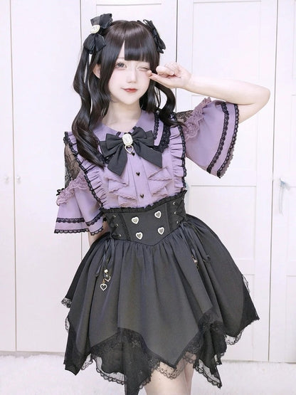 Black and Purple Lace Cut-Out Shoulder Butterfly Sleeve Blouse with Bow Tie - Dream Core Waves