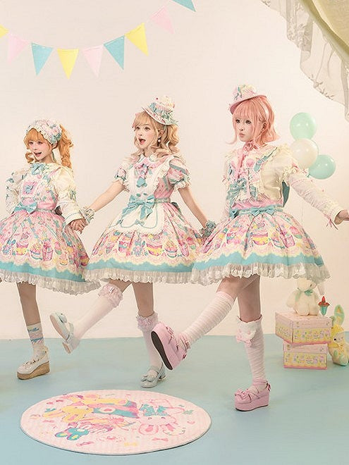 Cupcake Blue Pink and Dress Lolita Overall Sweet Print Bunny