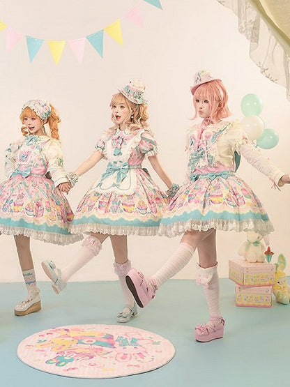 Cupcake Blue Pink and Dress Lolita Overall Sweet Print Bunny