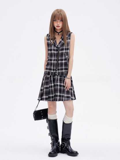 Vintage Y2K Black and White Plaid Pattern V-Neck Dress Sleeveless Shirt