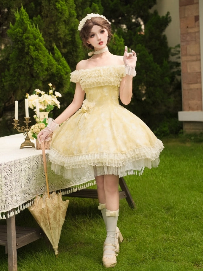Light Yellow Butterfly Floral Print JSK Dress Set - With PUJI