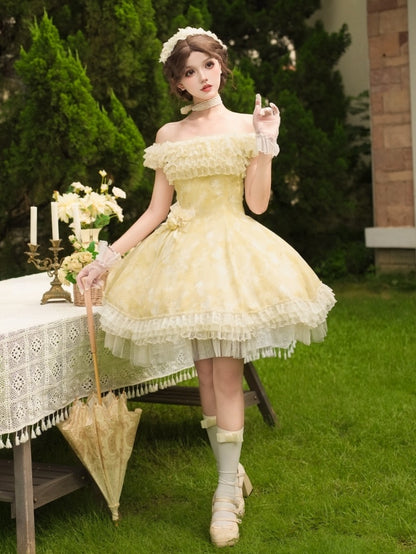 Light Yellow Butterfly Floral Print JSK Dress Set - With PUJI