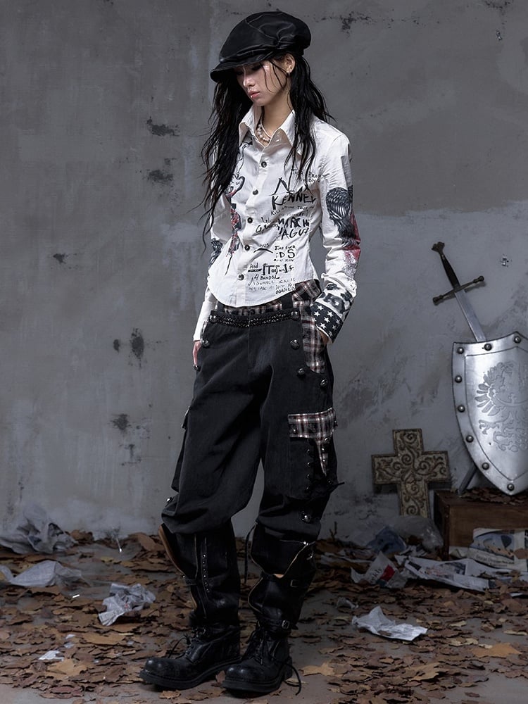Black Plaid Punk Buttons with Metal Pants Vintage Cargo Patchwork