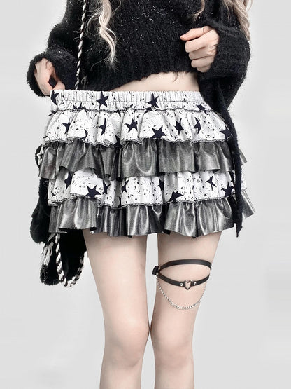 Black&White Star Print Tiered Skirt