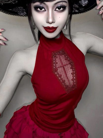 Embroidery Halter Cross with Red Cut-Out Vest Gothic Coffin