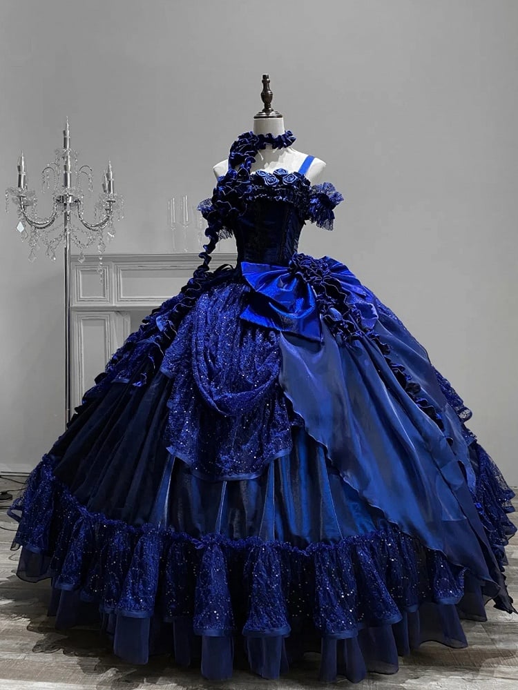 Sternennacht Dunkelblau Hanayome Rosen Ausschnitt Stäbchen Mieder Bodenlanges Lolita Goth Kleid Ballkleid