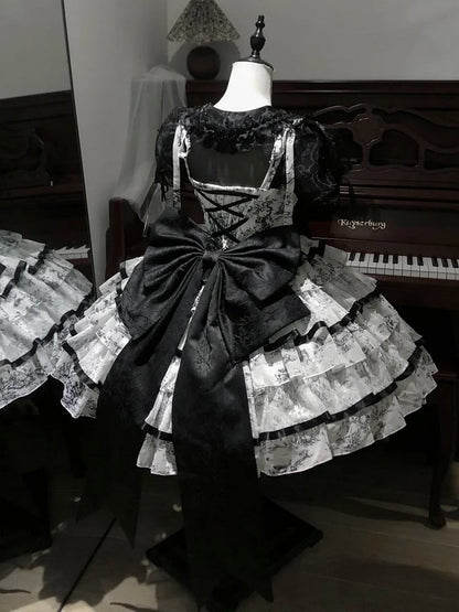 Elegant Hanayome-Style Black & White Porcelain-Inspired 92CM-Length Lolita Princess Dress - Sleepless Star
