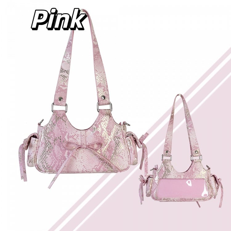 Daily Bowknot with Ita Style Embossing 2 Spicy Bag Ways Pink Snakeskin Girl