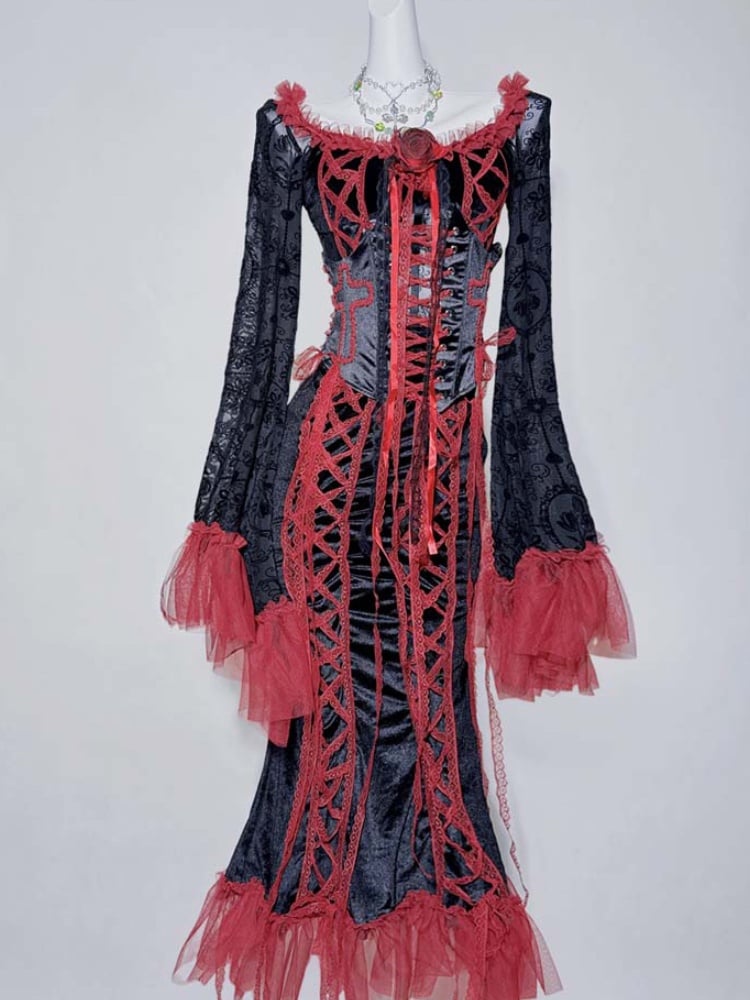 Gothic Black&Red Lace Trim Floral Mermaid Dress+Lace-up Detail Cross Corset Belt
